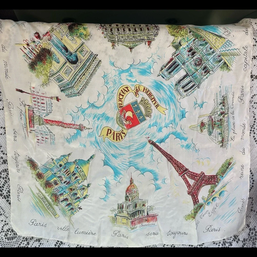 Vintage 1950s Paris Scarf Fluctuat Nec Mergitur Silk Landmark Square Caddy